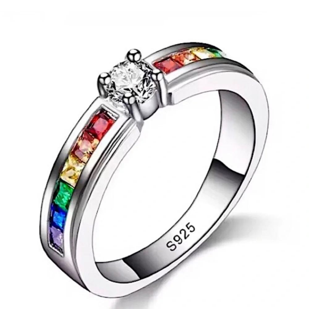 NEW 925 COLORFUL RAINBOW CZ PRINCESS SQUARE SIMULATED BAGUETTE STONE SILVER RING